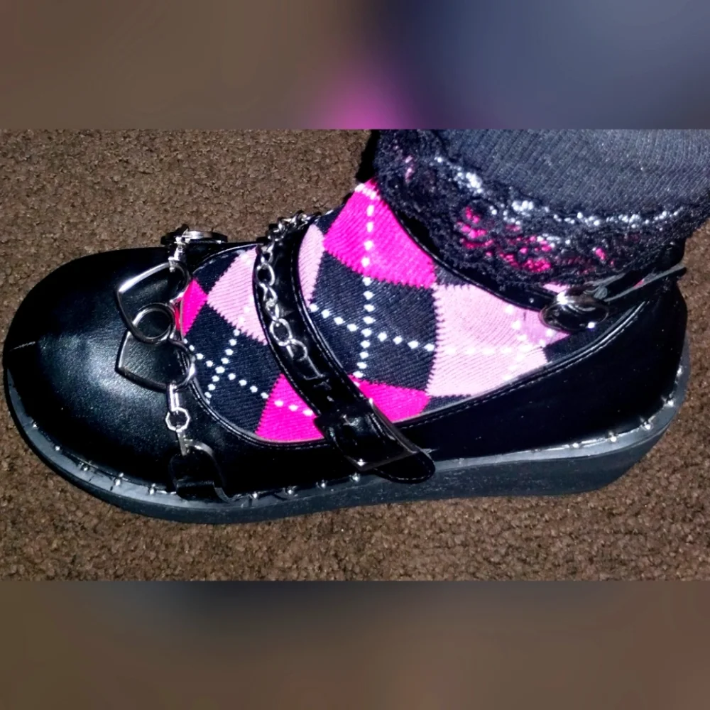 Women's Black Mary Jane Goth Platform Buckle Shoes w/ Heart & Chain accents